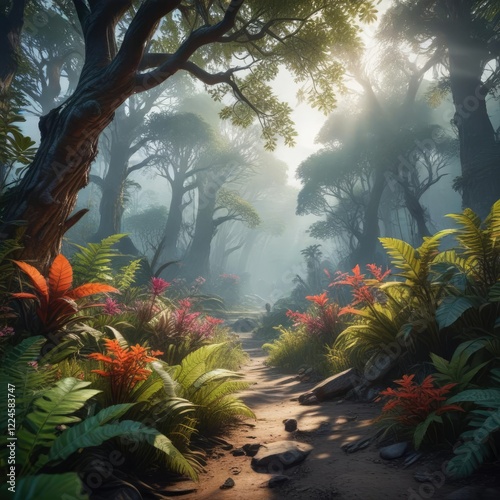 Mysterious, primeval plants thrive in ancient forest W, leafy branches, dense foliage, forest floor