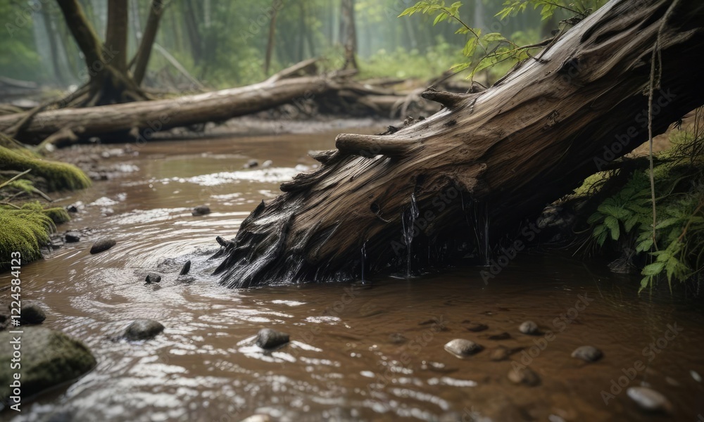 Fototapeta premium Muddy water flows from the base of a fallen tree, with a black blade partially submerged, natural scenery, wet wood, moss and ferns