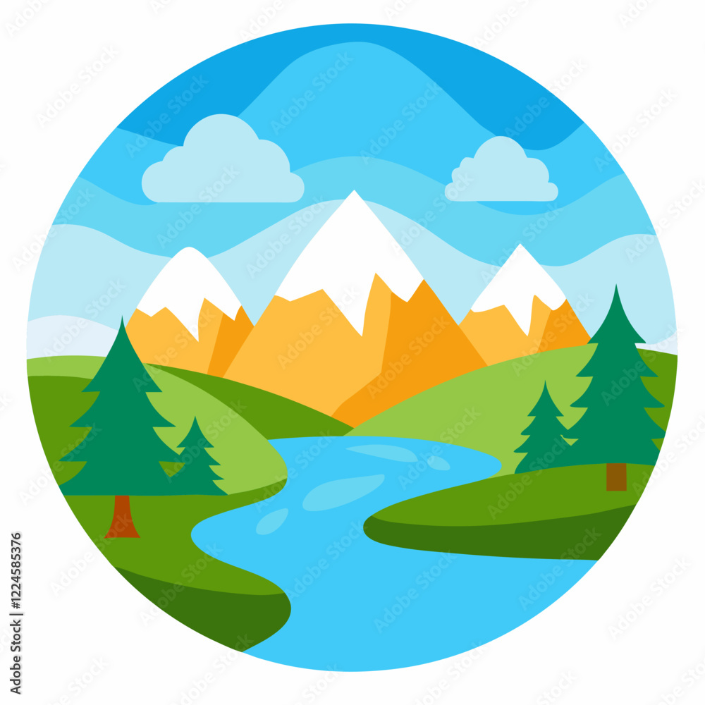 Fototapeta premium Vector watercolor natural landscape background on white background.