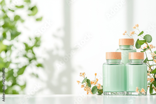 Three green bottles of lotion are on a table next to some flowers