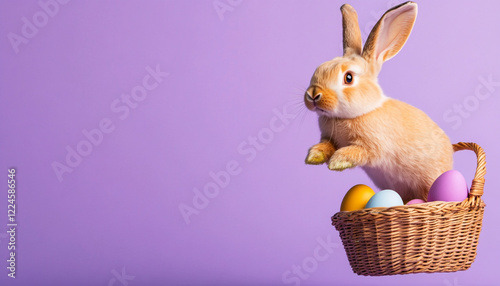 Bunny Jumping Over a Basket of Eggs - Ideal for Easter Promotions and Children's Events photo