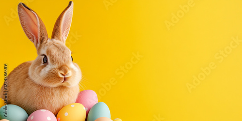 Joyful Easter Bunny Surrounded by Colorful Eggs - Ideal for Easter celebrations and Spring promotions photo