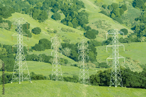 Electricty Pylons and Lines at Briones Reservoir, Contra Costa County, California.