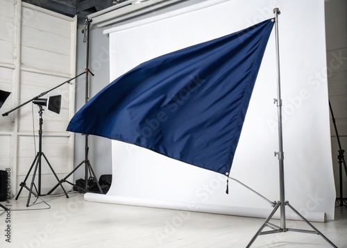 Deep Navy Blue Blank Flag with Clean Folds on White Background - Stock Photo