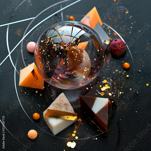 Unique dessert arrangement featuring geometric shapes and a glass dome displayed on a dark background