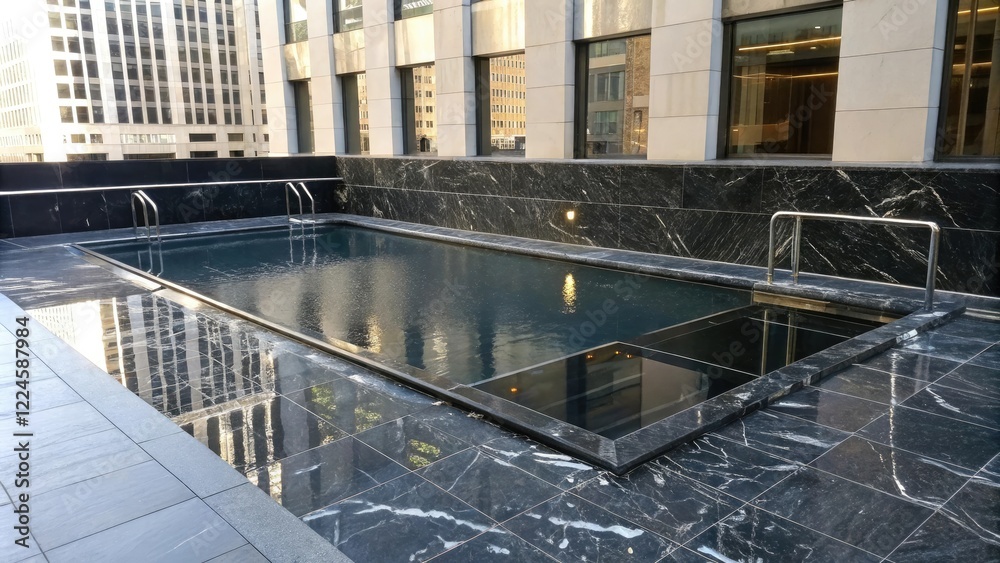 Fototapeta premium liquid metal pool surrounded by black marble and aluminium chrome accents, metallic surfaces, minimalist aesthetic, black noise, contemporary design
