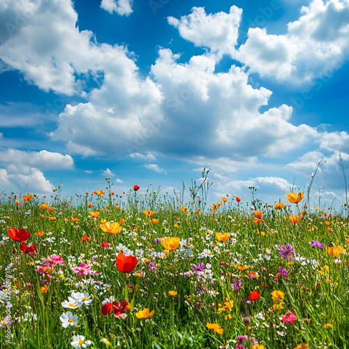 Wildflower Meadow Under Summer Sky: A vibrant and picturesque meadow bursts with a colorful array of wildflowers blooming under a clear blue sky with fluffy clouds.  