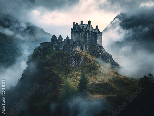 Misty Mountaintop Castle: An ancient stone castle perched dramatically on a fog-shrouded mountain peak, evokes a sense of mystery and timeless grandeur. The scene is shrouded in mist.