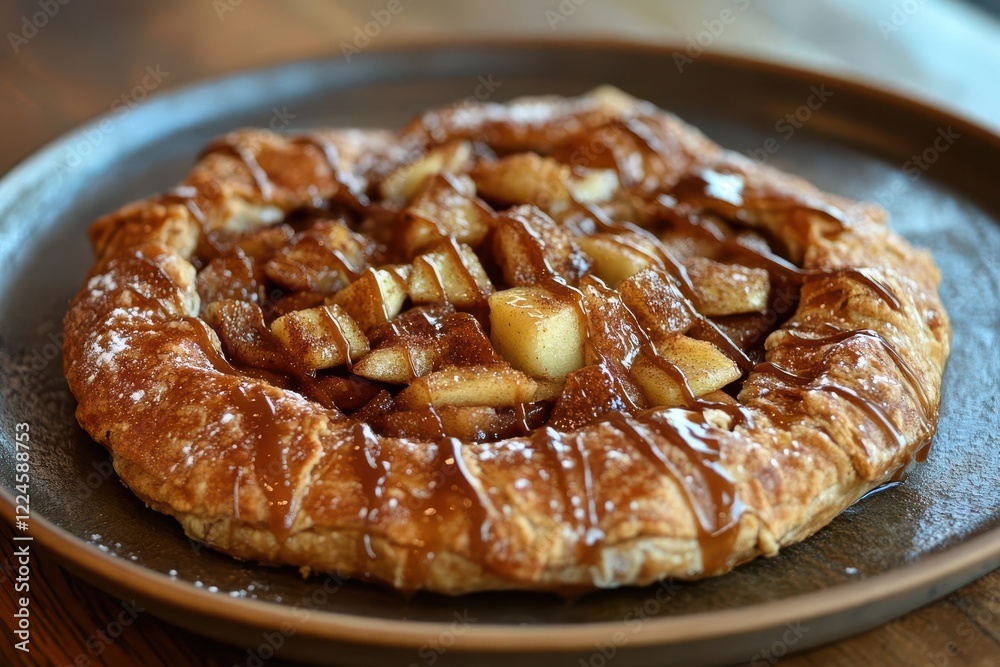 rustic apple and cinnamon galette with flaky pastry and caramel drizzle, served on vintage ceramic plate rustic apple and cinnamon galette with flaky pastry and caramel drizzle, served on vintage ceramic plate