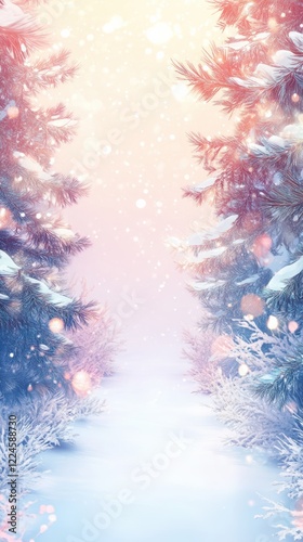 Snowcovered path through fir trees with bokeh and frost details