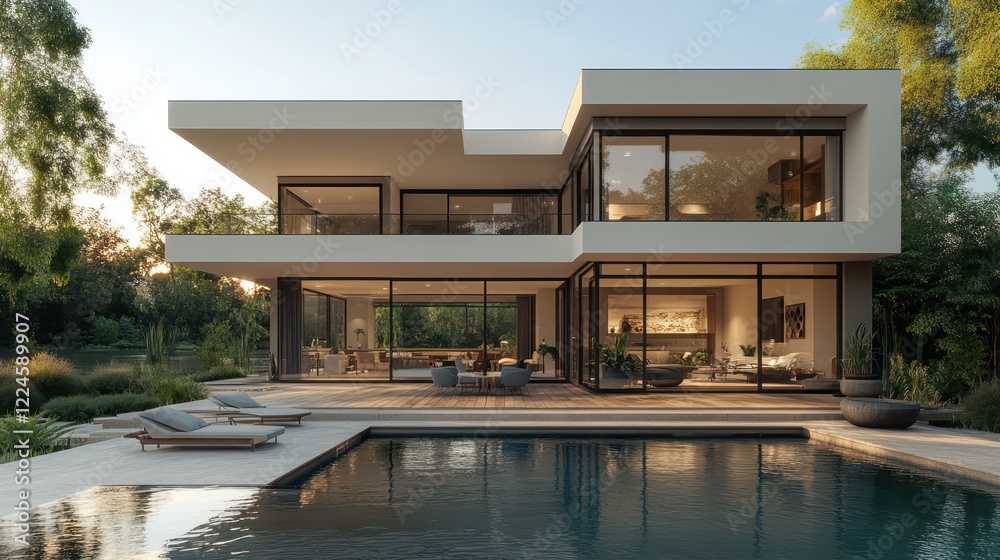Fototapeta premium Modern Luxury Lakeside Residence: Architectural marvel with breathtaking pool and serene landscape.