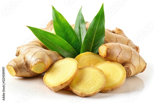 Fresh Ginger Root with Leaves - Whole & Cut Pieces photo