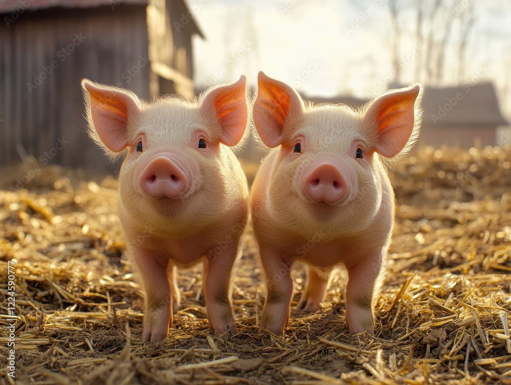 Cute and Playful Piglets in a Barnyard Setting Amidst Straw with Warm Light from the Sunset Creating a Charming Rural Scene Cute and Playful Piglets in a Barnyard Setting Amidst Straw with Warm Light from the Sunset Creating a Charming Rural Scene