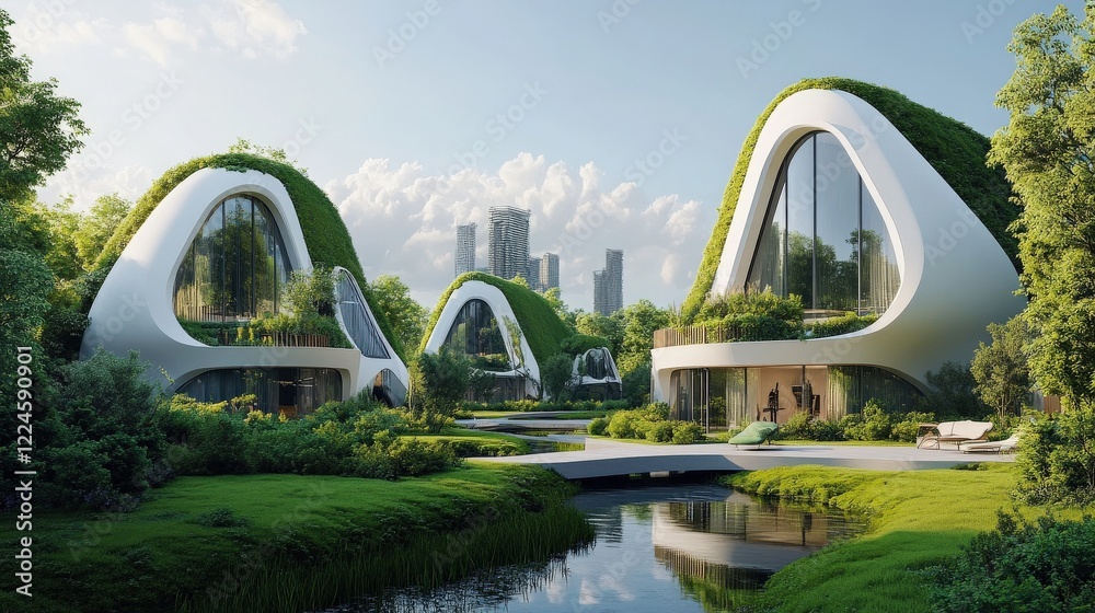 Fototapeta premium A clean and futuristic residential area with eco-friendly homes surrounded by green space.
