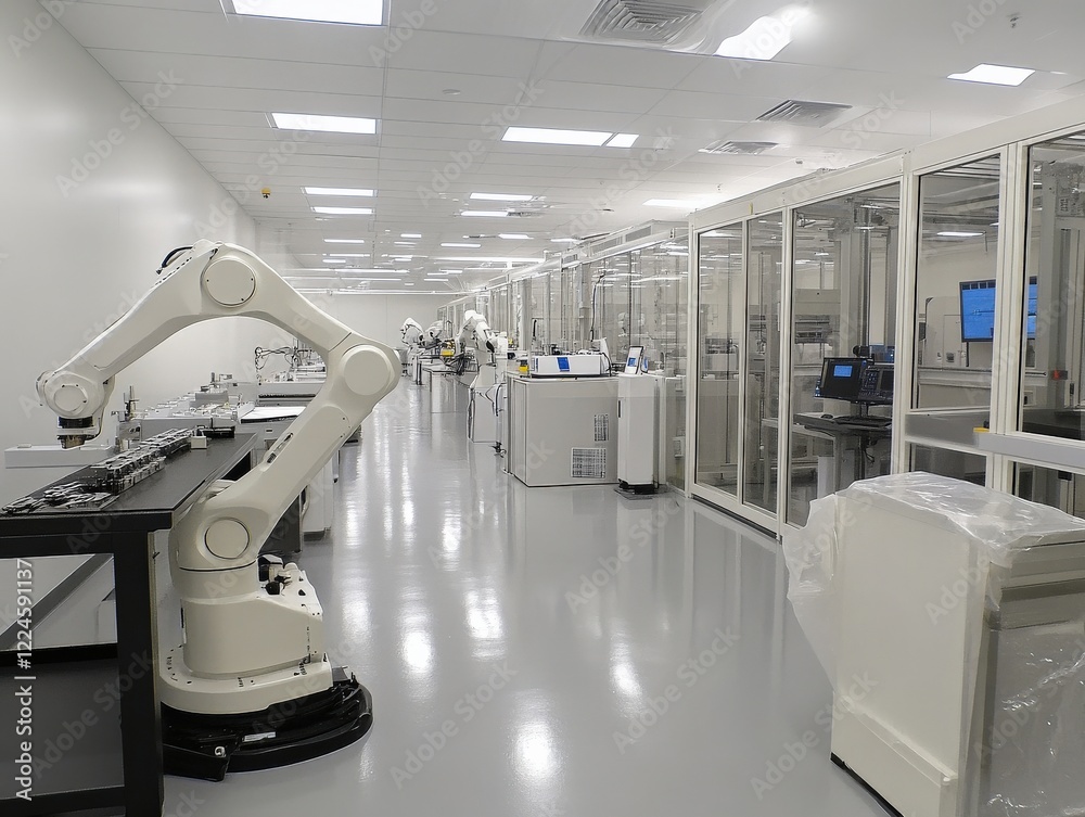 A clean industrial facility with automated robotic arms assembling components.