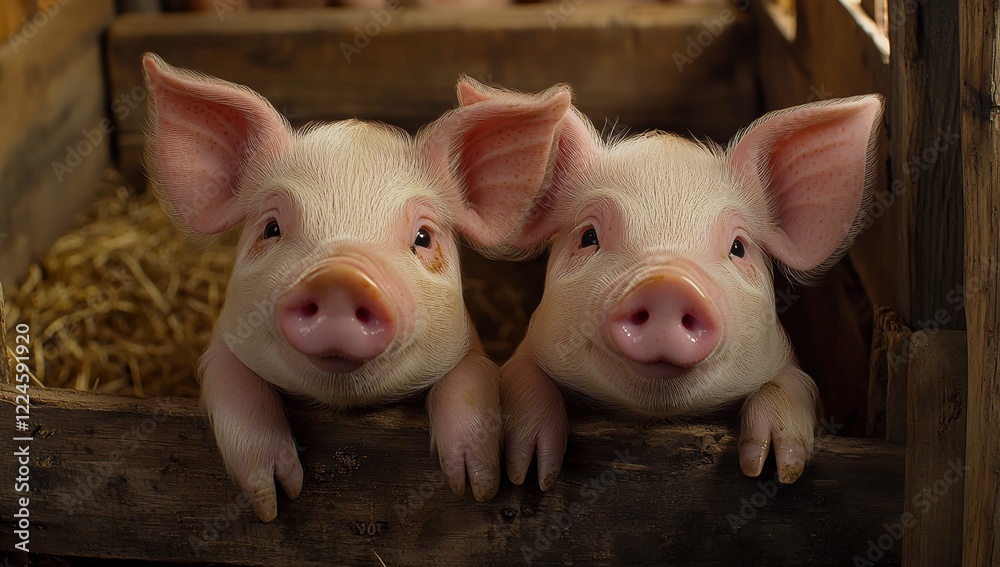 Cute Piglets Peeking Over Wooden Fence in Cozy Barn with Straw Bedding, Capturing the Essence of Farm Life and Animal Companionship in a Rustic Setting Cute Piglets Peeking Over Wooden Fence in Cozy Barn with Straw Bedding, Capturing the Essence of Farm Life and Animal Companionship in a Rustic Setting