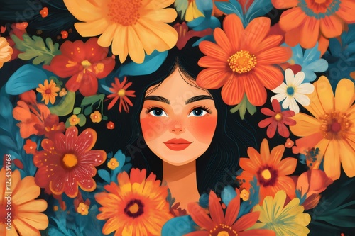 Cartoon style illustration of a beautiful woman surrounded by colorful flowers and leaves, creating a vibrant and cheerful atmosphere
