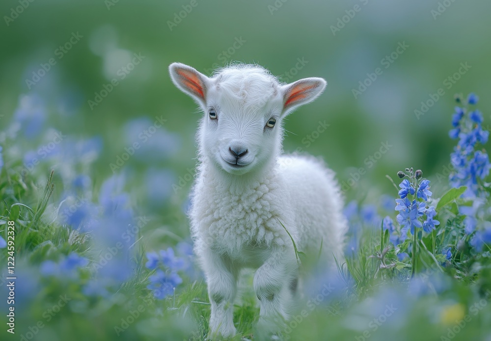 Obraz premium Cute White Goat Kid Standing Among Vibrant Blue Wildflowers in a Lush Green Meadow, Nature’s Beauty, Soft Focus, Springtime Scene