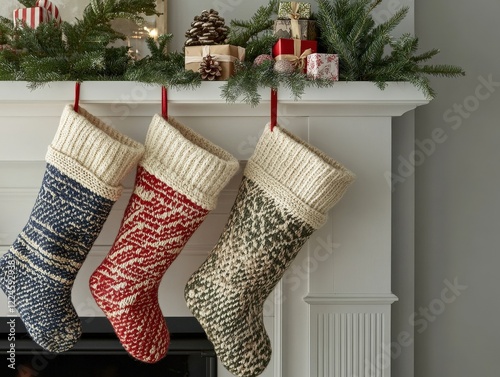 A close-up of holiday stockings hanging on a mantel, filled with small gifts. photo