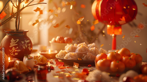 Chinese new year dinner setting under a warm gold 