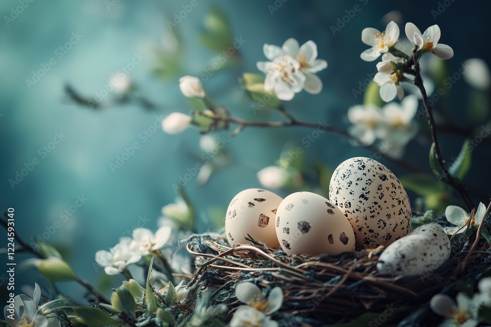 Fototapeta premium Speckled Easter eggs in a nest with spring blossoms, natural Easter decoration