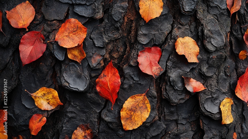 A close-up of tree bark with vivid autumn leaves scattered at its base. A close-up of tree bark with vivid autumn leaves scattered at its base.