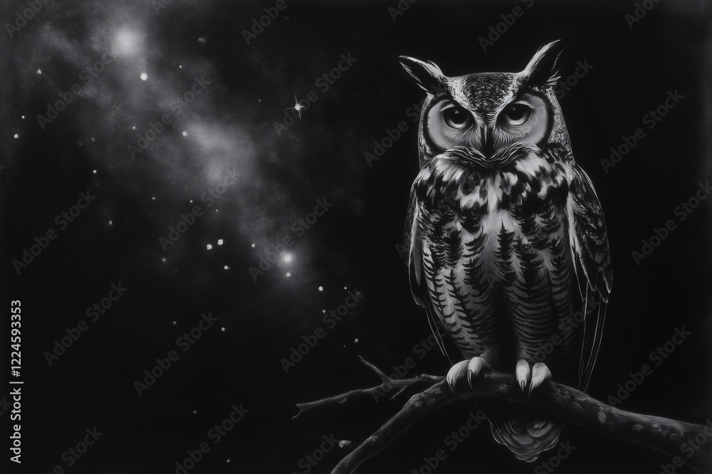 Charcoal sketch of a great horned owl sitting on a branch with milky way and stars in the background Charcoal sketch of a great horned owl sitting on a branch with milky way and stars in the background