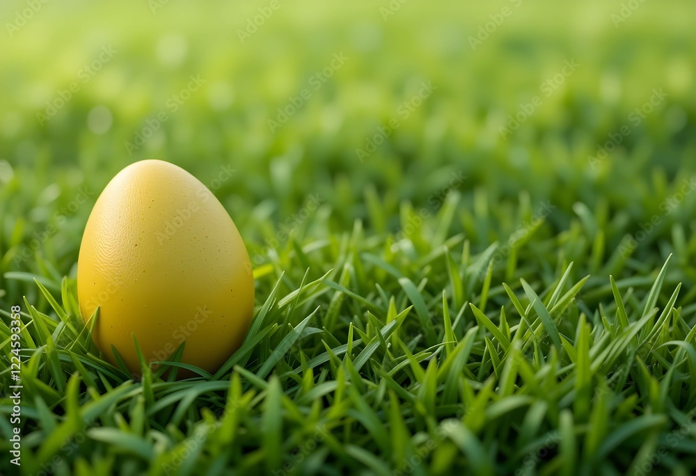 colorful simple bright yellow Easter egg in lush green grass. Perfect for spring, nature scenes, and minimalist designs. simplistic background copy space colorful simple bright yellow Easter egg in lush green grass. Perfect for spring, nature scenes, and minimalist designs. simplistic background copy space