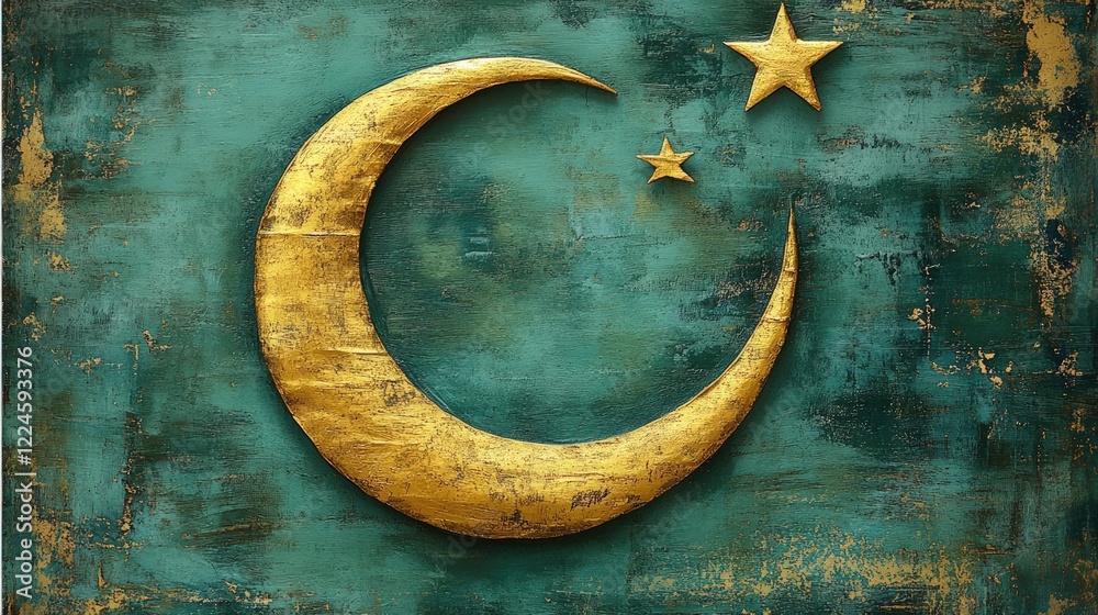 Golden crescent moon, two stars, teal background. Golden crescent moon, two stars, teal background.
