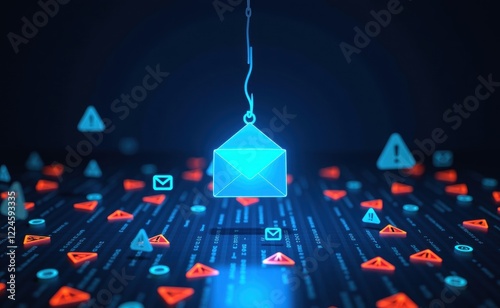 A digital illustration of a glowing red email envelope hooked by a phishing hook, symbolizing cyber threats, email scams, phishing attacks, and online fraud in a futuristic cybersecurity concept.