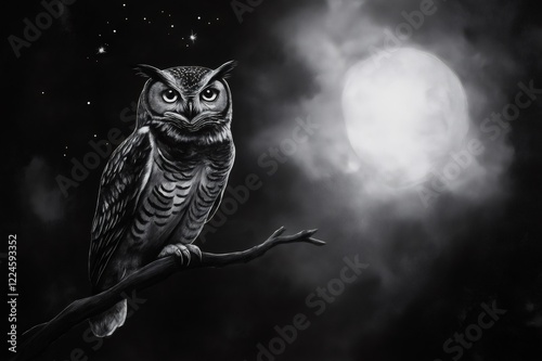 Charcoal sketch of an owl perched on a branch under the full moon in a starry night, creating a dramatic and mysterious atmosphere
