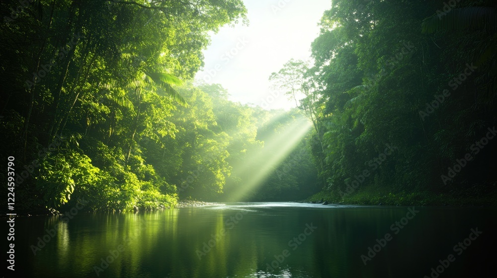 Lush green forest with sunlight streaming through trees, reflect Lush green forest with sunlight streaming through trees, reflect