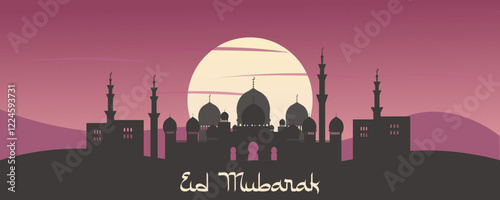 Eid Mubarak Islamic Banner with silhouette of mosque Abu Dhabi, sunset and sand desert. Card for Ramadan on burgundy background with sun and sky. Vector illustration