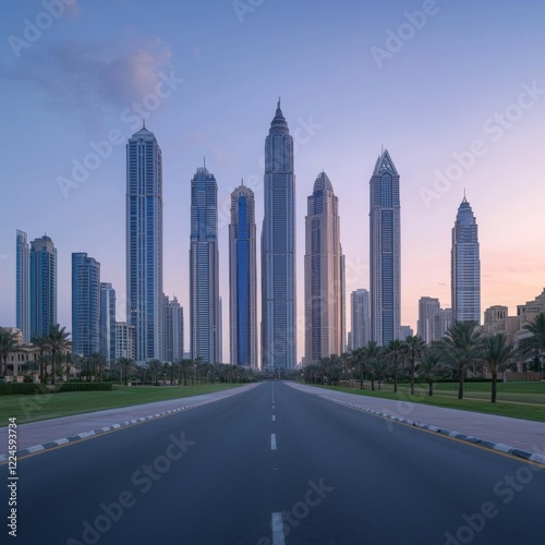 atmospheric evening view of a modern city, showcasing illuminated skyscrapers and a quiet road, capturing the calm before the nightlife begins