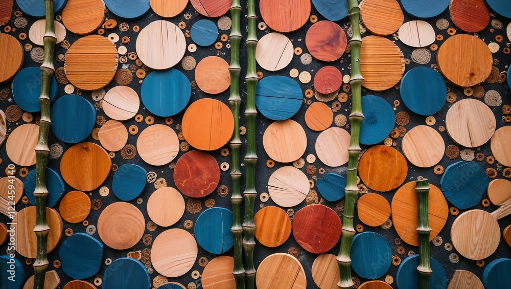 Green Bamboo Stalks on Multicolored Wooden Circle Mosaic Wall Art Green Bamboo Stalks on Multicolored Wooden Circle Mosaic Wall Art