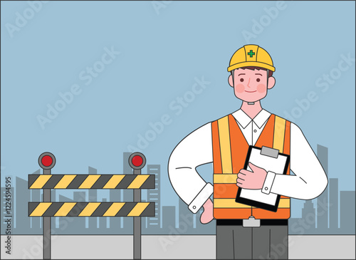 professional builder in uniform at construction site