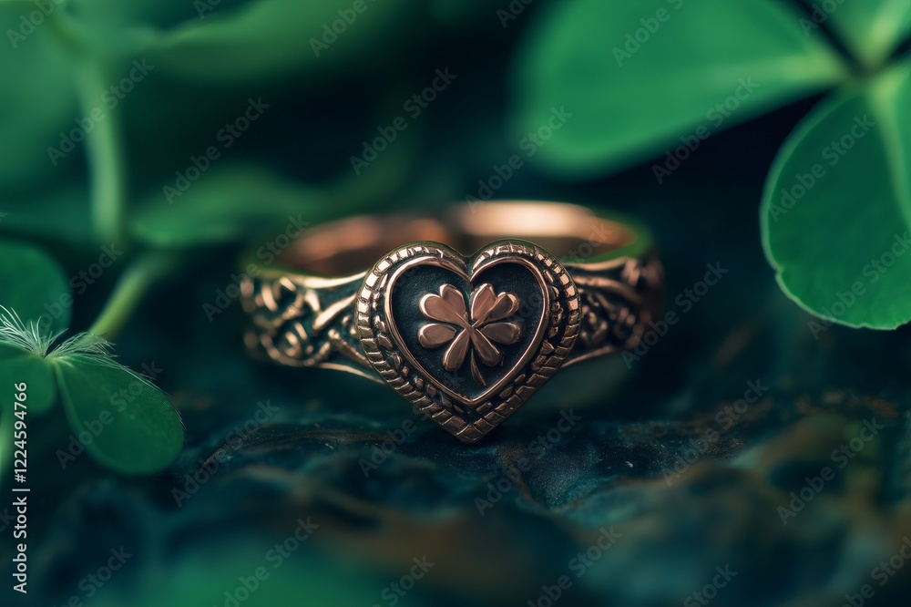Fototapeta premium Close up of a stunning claddagh ring featuring a four leaf clover, resting on a dark surface with green clovers behind