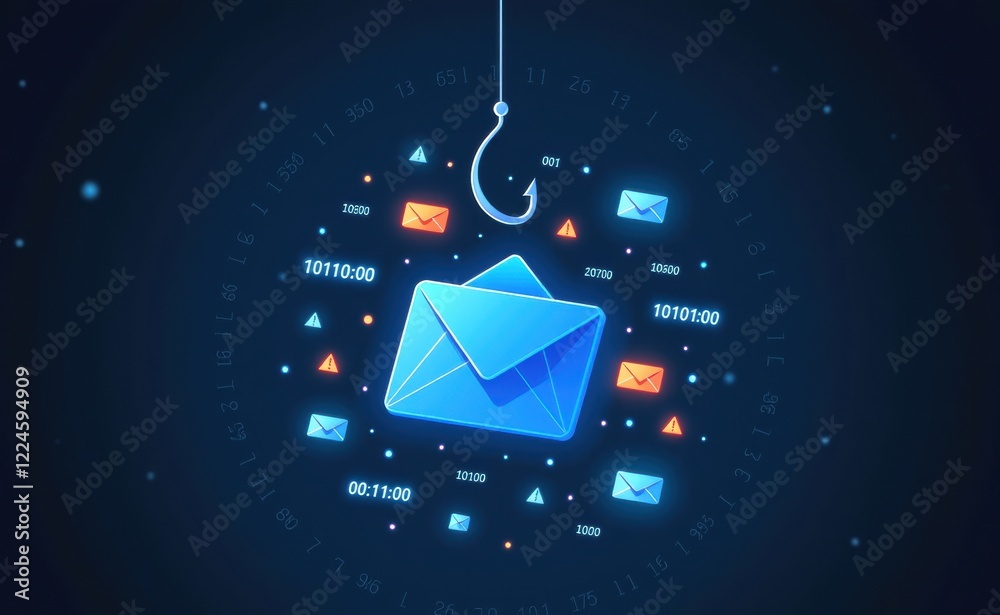 A digital illustration of a glowing red email envelope hooked by a phishing hook, symbolizing cyber threats, email scams, phishing attacks, and online fraud in a futuristic cybersecurity concept.