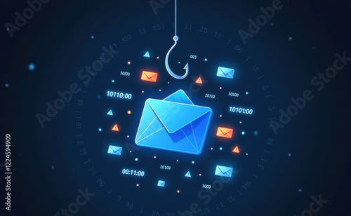 Obraz na płótnie A digital illustration of a glowing red email envelope hooked by a phishing hook, symbolizing cyber threats, email scams, phishing attacks, and online fraud in a futuristic cybersecurity concept. w salonie