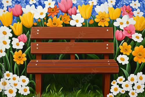 Vibrant Spring Garden Blooming with Tulips, Daffodils, and Wildflowers - Ideal for Gardening Enthusiasts and Nature Lovers