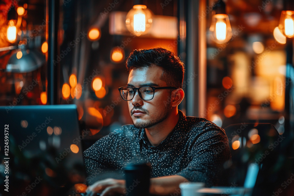 Young man working intently on a laptop in a cozy caf? with warm lighting and blurred background Young man working intently on a laptop in a cozy caf? with warm lighting and blurred background