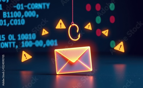 A digital illustration of a glowing red email envelope hooked by a phishing hook, symbolizing cyber threats, email scams, phishing attacks, and online fraud in a futuristic cybersecurity concept.