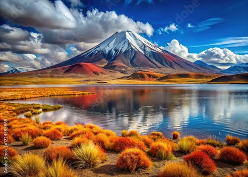 Parinacota Volcano Overlooking Chungara Lake - Chilean Altiplano photo