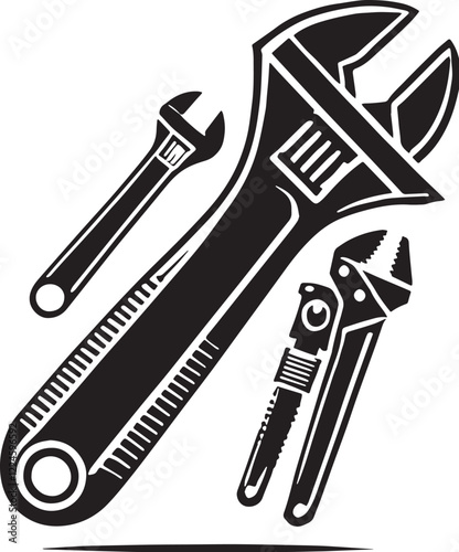 Black Adjustable Wrench Silhouette Vector, High-Quality Illustration on White Background