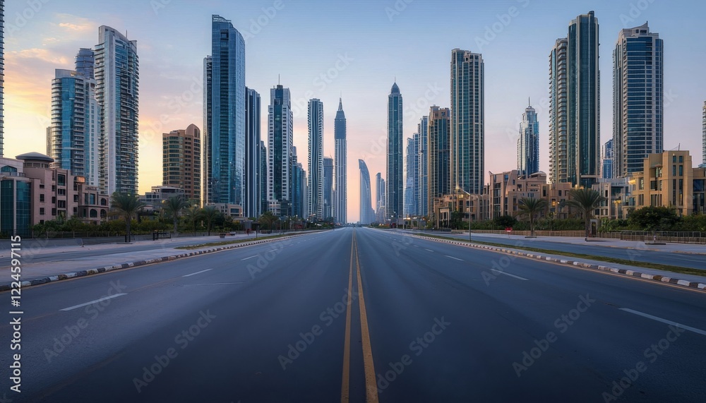 atmospheric evening view of a modern city, showcasing illuminated skyscrapers and a quiet road, capturing the calm before the nightlife begins atmospheric evening view of a modern city, showcasing illuminated skyscrapers and a quiet road, capturing the calm before the nightlife begins