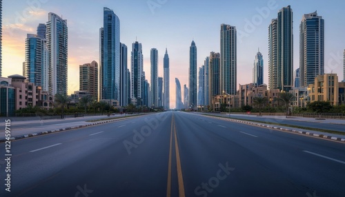atmospheric evening view of a modern city, showcasing illuminated skyscrapers and a quiet road, capturing the calm before the nightlife begins