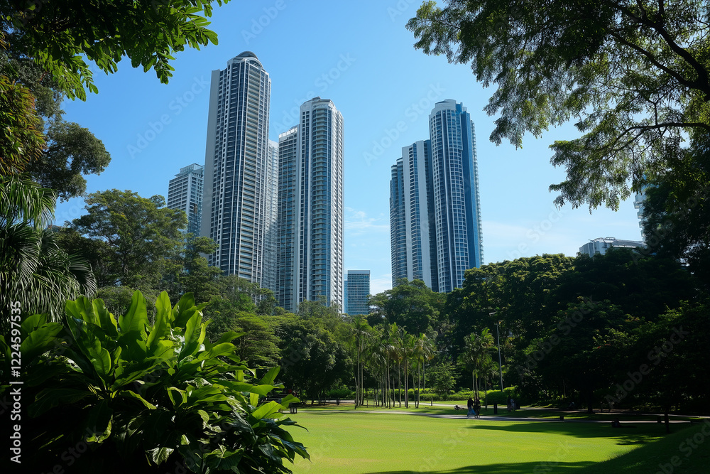 Obraz premium Modern Cityscape Lush Green Park with Tall Skyscrapers Under a Bright Blue Sky