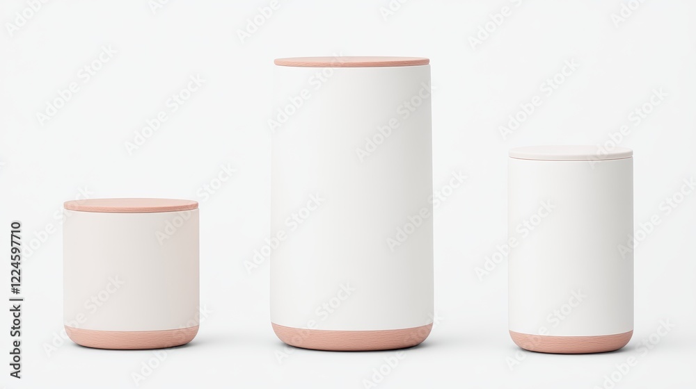 Cylindrical Containers with Pastel Lids on White Background Cylindrical Containers with Pastel Lids on White Background