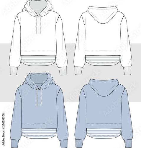 Vector hooded sweatshirt fashion illustration drawing, front and back view, unisex long sleeved sweatshirt with mesh fabric technical drawing, template, sketch, cad, mockup.