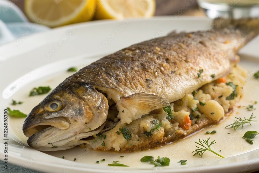 Delicious Stuffed Fish Dish, Gourmet Seafood Recipe, Close-up Food Photography